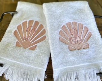Sea Shell Fringe Fingertip Guest Hand Towel with Initial Monogram, Summer Beachy Entertaining Decor, Beach House Coastal Nautical Tropical