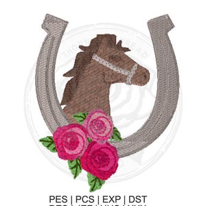 May include: An embroidered design featuring a brown horse head with a white bridle inside a silver horseshoe. Below the horse and horseshoe are three pink roses with green leaves. The text "THORN THREAD" is arched above the horse. Below the design are file type abbreviations.
