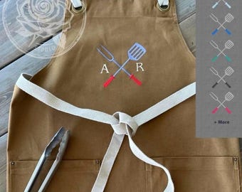Custom Embroidered Canvas BBQ Apron, Personalized Initials Chef Kitchen Wear