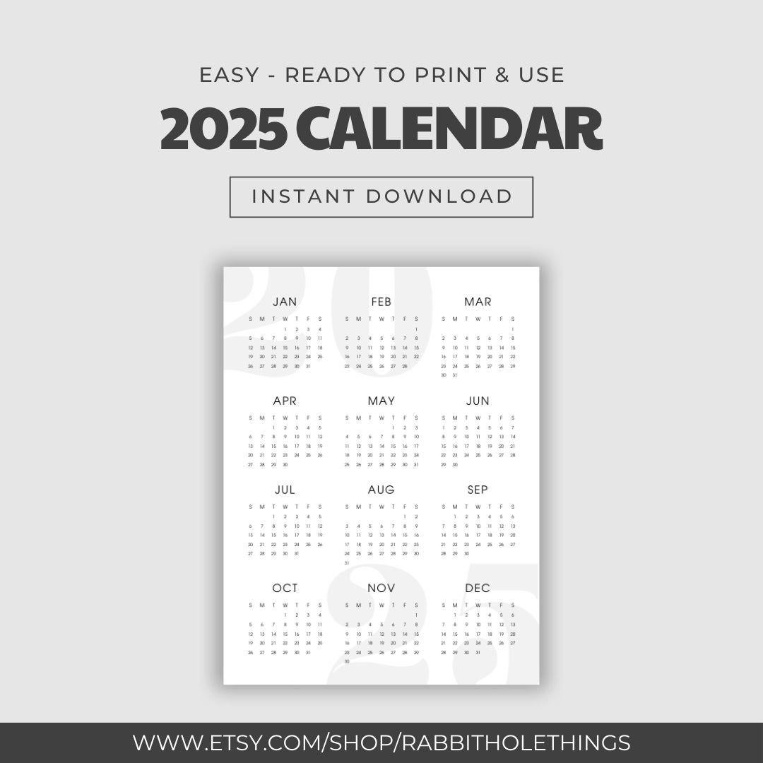 2025 Year Calendar One Page Minimalist Digital Printable Download Etsy