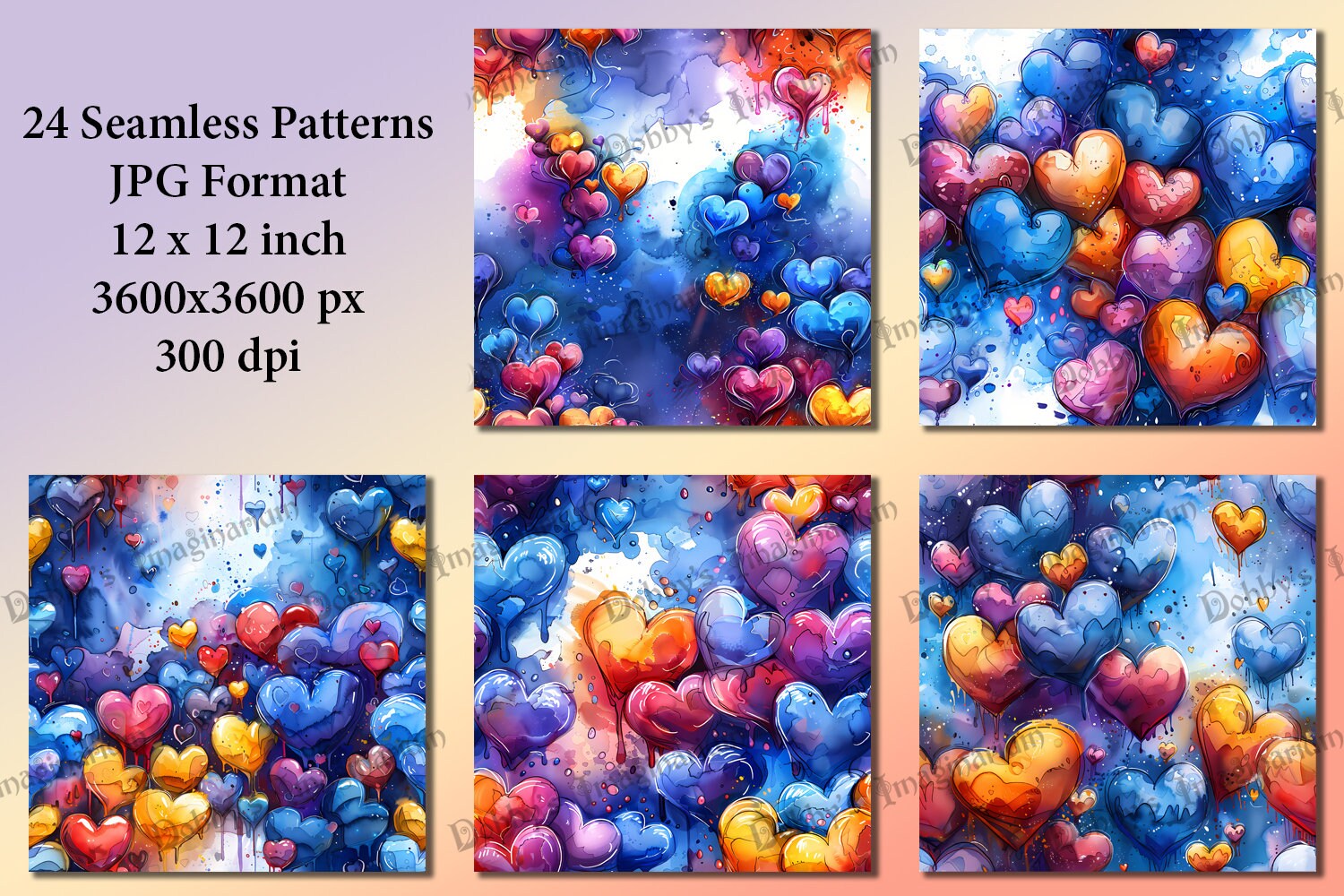 Watercolor Hearts Seamless Patterns: 12x12 in Digital Paper (JPG) - Etsy
