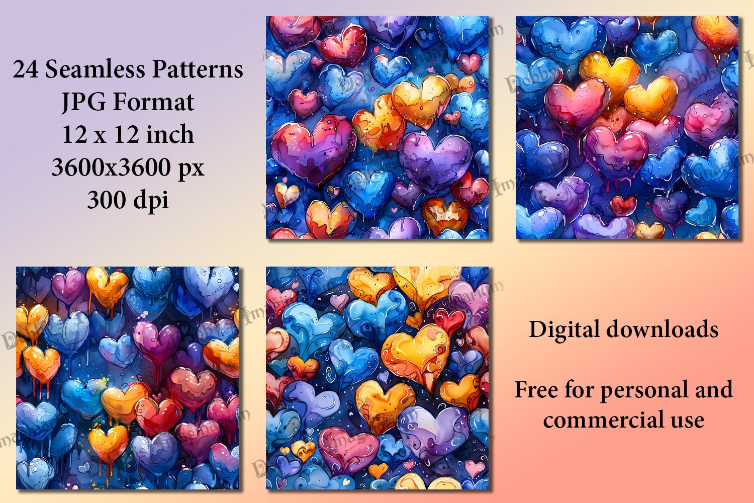 Watercolor Hearts Seamless Patterns: 12x12 in Digital Paper (JPG) - Etsy