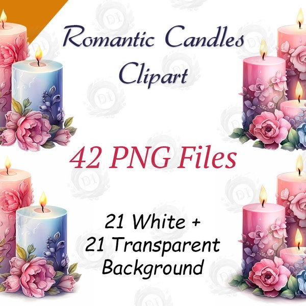 Romantic Candles Clipart PNG, Floral Candles Clipart, Digital Images, Transparent and White Background, Commercial Use, Candle Illustrations