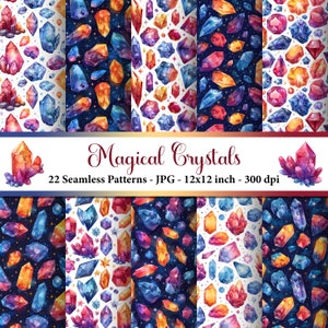 May include: 22 seamless patterns featuring watercolor illustrations of colorful crystals on a white and dark blue starry background. The patterns are 12x12 inches and 300 dpi. The text "Magical Crystals" is displayed at the top of the image.