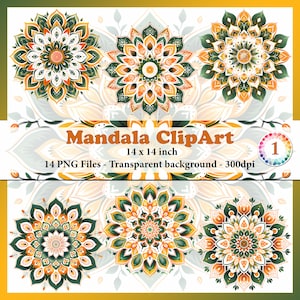 Orange & Green Mandala Clipart: 14 PNG Designs (Digital Download)