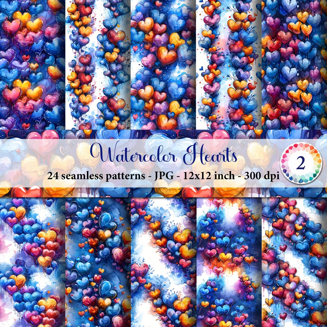 Watercolor Hearts Seamless Patterns: 12x12 in Digital Paper (JPG) - Etsy