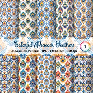 Colorful Peacock Feathers, 34 Symmetrical Seamless Patterns, Digital Paper, 12x12in, Elegant Peacock Feather Designs, Commercial Use, Pack 1