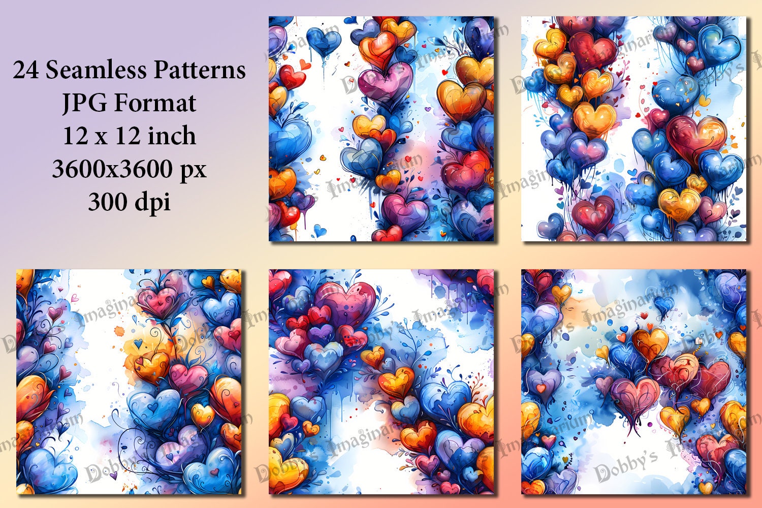 Watercolor Hearts Seamless Patterns: 12x12 in Digital Paper (JPG) - Etsy