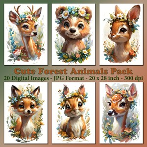 Cute Forest Animal Portraits, 20 Animal Designs, High Quality JPG Images, Adorable Digital Art for Nursery Decor, Digital Download