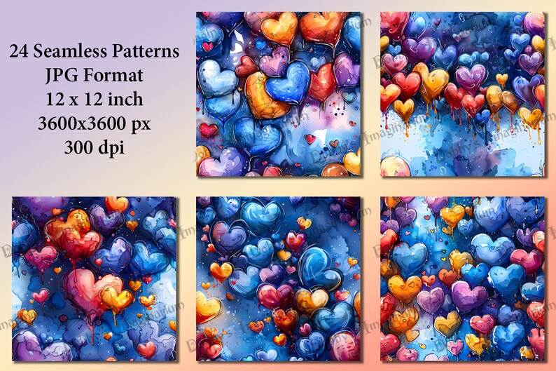 Watercolor Hearts Seamless Patterns: 12x12 in Digital Paper (JPG) - Etsy