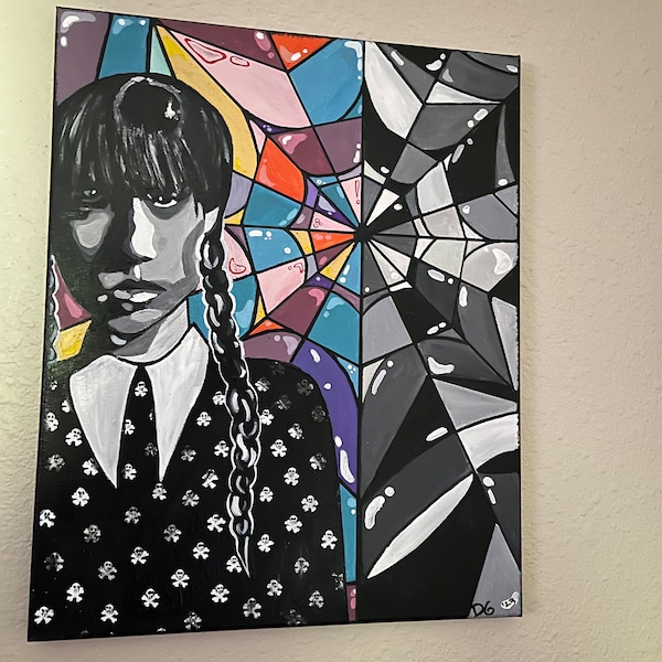 Wednesday Addams Inspired Acrylic Painting, original canvas 16x20, Wall Art