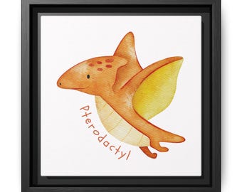 Flying Dinosaur Nursery Decor - Framed Watercolor Pterodactyl Print for Kids Room