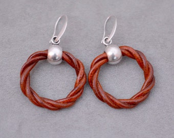 Circle leather earrings, leather and silver dangle hoops, twisted leather cord statement earrings