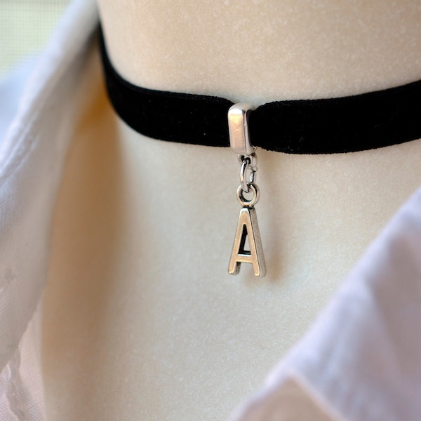 Initial letter velvet choker, personalized elastic necklace with silver letter pendant - Plus size available