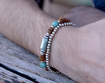 Men's Beaded Bracelet in Boho style, Handmade Ceramic and silver plated bead bracelet, possibly a set with a necklace