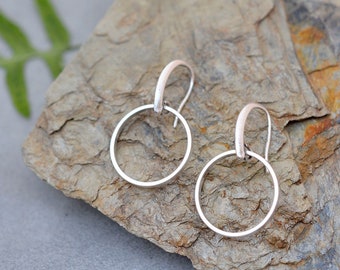 Silver circle drop earrings, small dangle hoops earrings, simple ring earrings, spanish style jewelry