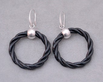 Large circle leather earrings, leather and silver dangle hoops, twisted leather cord statement earrings