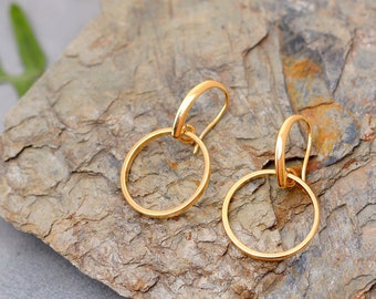 Small gold circle drop earrings, simple dangle hoops earrings,  thin gold ring earrings, spanish style jewelry