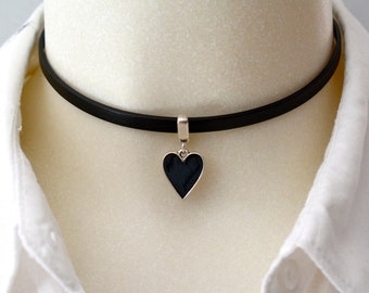 Black heart choker necklace, Thin Black Leather collar with silver heart pendant, gothic choker, plus size available, valentines gift