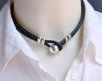 Silver and Black leather choker necklace, 3rd leather anniversary gift for girlfriend, plus size available