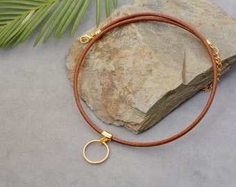 Gold o-ring thin leather choker, leather cord necklace, circle charm leather choker, submissive circle pendant day collar