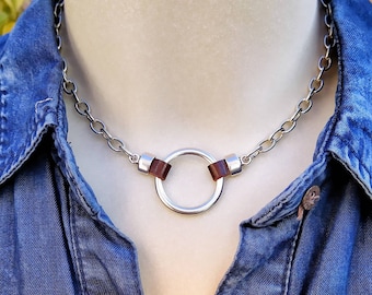 Silver chain O-ring choker, Chain discreet day collar, Short chain neckace with ring pendant