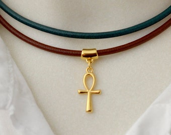 Gold egyptian cross necklace, thin leather cord choker with cross pendant, layered 3 mm leather necklace, 8 colors, plus size available