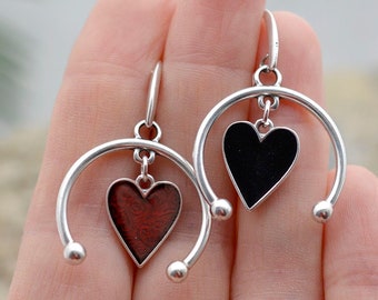 Silver drop heart earrings, medium size dangle half hoops earrings, enamel charm statement earrings, different color earrings