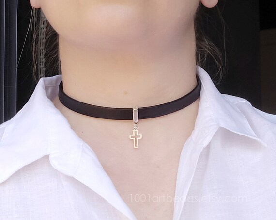 Silver Cross Black Leather Choker, Gothic Necklace - Etsy display picture 3