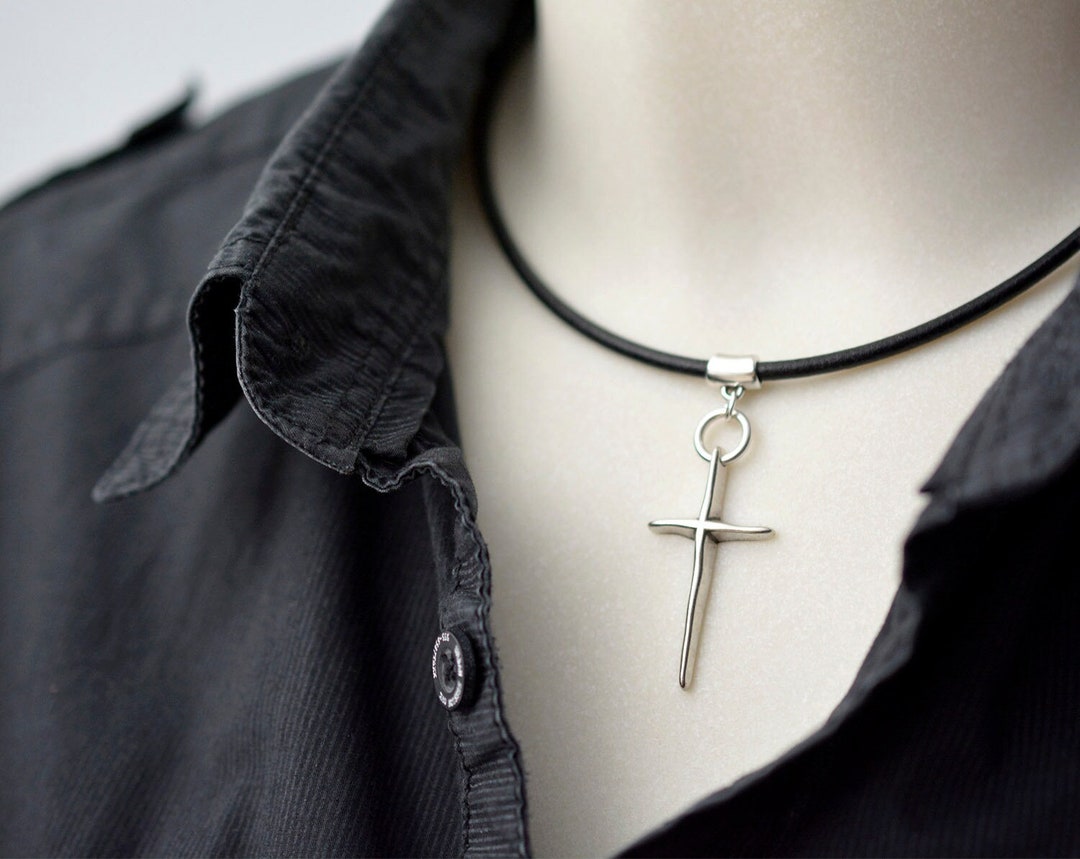 Large Silver Cross Necklace Leather Cord Necklace for Men Etsy