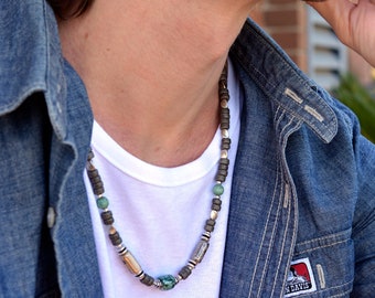 Men's Beaded Necklace, Exquisite 24-Inch Gray-Green Ceramic and Silver-Plated Bead Necklace Boho style, possibly a set with a bracelet