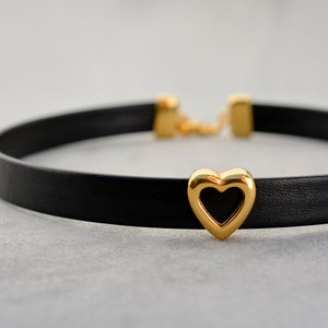 Gold heart choker, Black leather choker necklace with heart bead, Discreet day collar, 3rd anniversary gift for girlfriend