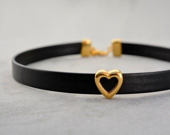 Choker coeur en or, collier choker en cuir noir avec perle de cœur, Col de jour discret, cadeau 3ème anniversaire pour petite amie