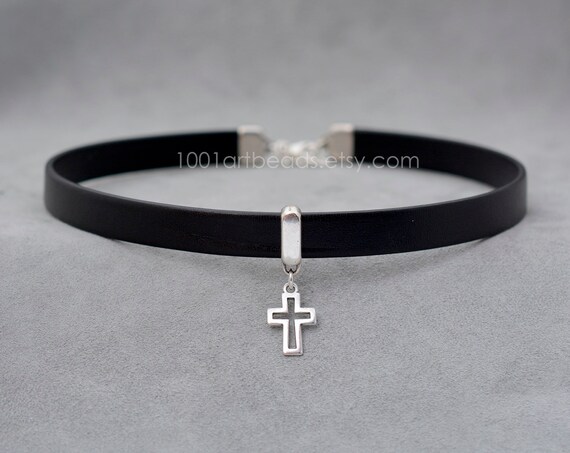 Black Leather Choker with Ornate Silver Cross Pendant Gothic Vegan Leather Heart Choker, Ornate Cross Necklace - Etsy main image 4