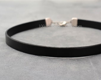 Black Leather Choker, Minimalist Day Collar, Girlfriend Gift