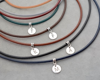 Custom initial leather cord necklace, personalized letter charm choker, silver coin pendant necklace, simple cord short necklace for men,