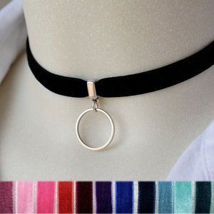 Gold or Silver o-ring stretch velvet choker, elastic choker with silver ring pendant, discreet bsdm day collar, plus size available