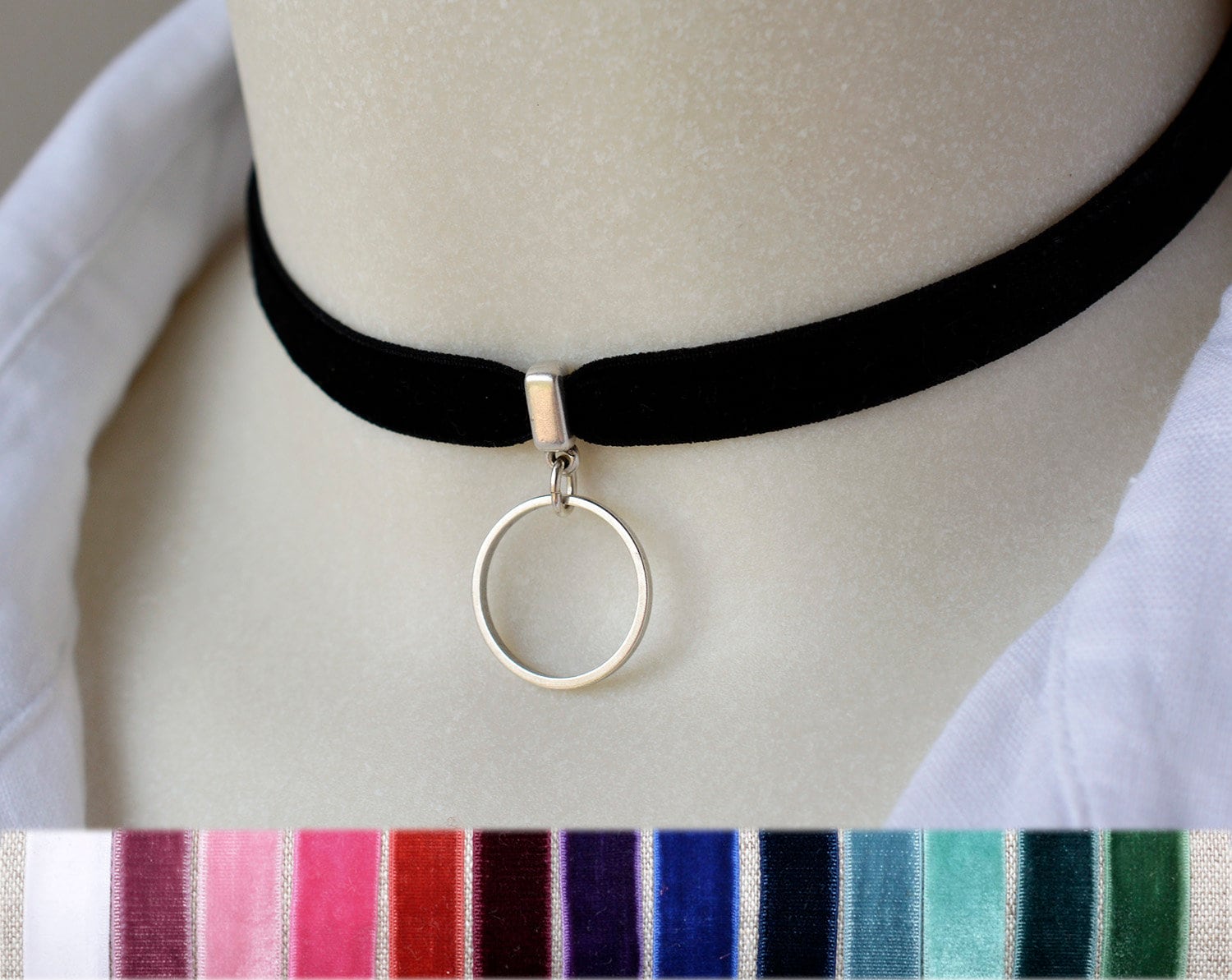 Gold or Silver o-ring stretch velvet choker, elastic choker with silver ring pendant, discreet day collar, plus size available
