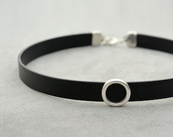 Discreet O ring day collar, Black leather choker necklace, Valentine's day gift for girlfriend, bdsm submissive gift, plus size, custom size