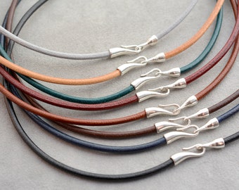 3 mm leather cord necklace, unisex simple choker with silver plated hook clasp, cord short necklace for men, 8 colors, any size, plus size