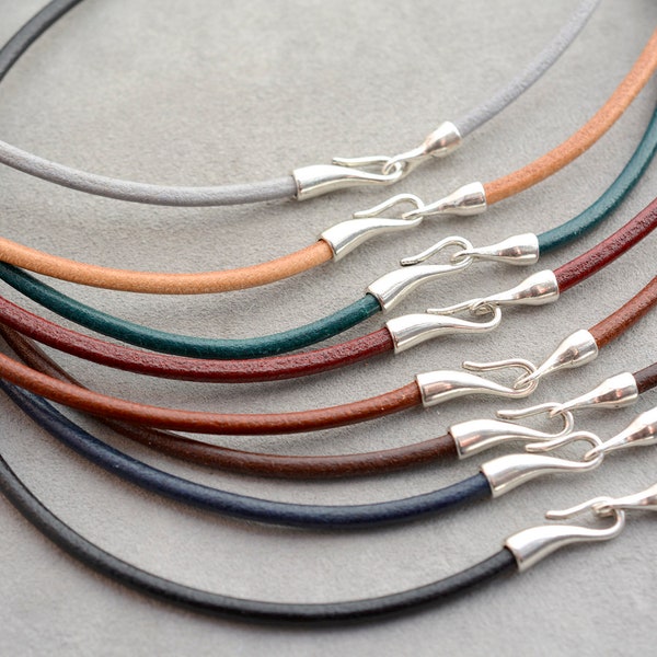 3 mm leather cord necklace, unisex simple choker with silver plated hook clasp, cord short necklace for men, 8 colors, any size, plus size