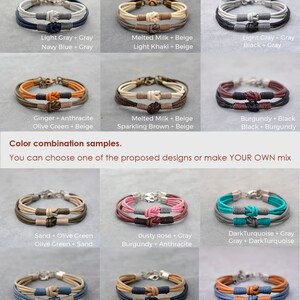 May include: A collection of ten different color combinations for leather bracelets. Each bracelet is made of two strands of leather, tied together with a knot. The colors include light gray, navy blue, beige, khaki, olive green, brown, burgundy, black, dusty rose, dark turquoise, sand, denim blue, and camel.