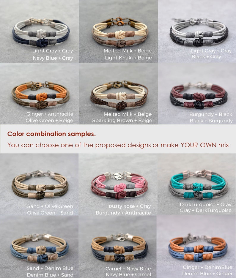May include: A collection of ten different color combinations for leather bracelets. Each bracelet is made of two strands of leather, tied together with a knot. The colors include light gray, navy blue, beige, khaki, olive green, brown, burgundy, black, dusty rose, dark turquoise, sand, denim blue, and camel.
