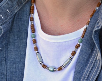 Ceramic Bead Necklace for Men, Men's Beaded Choker in Boho style, possibly a set with a bracelet