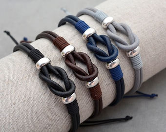 Mens leather bracelet, Couples Bracelet unisex, Love knot leather bracelet, adjustable bangle, 3rd anniversary gift for him or her