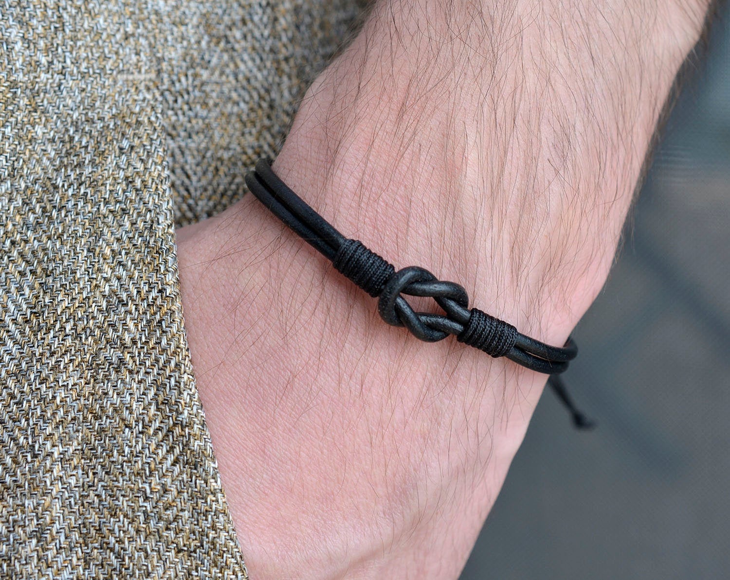 Black Leather Bracelet for men, 3rd Leather Anniversary Gift for couple, Love knot layered matching couples bracelet for him and her
