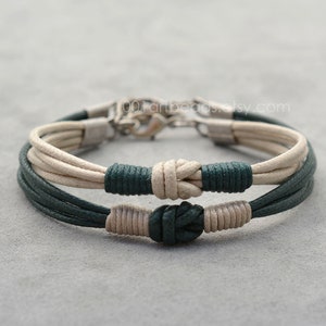 Emerald green and Sand Matching bracelet set for couple, adjustable cotton bracelets with love knot, Couples gift 2nd anniversary