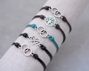 Silver charm leather bracelet, Linked circles, Tree of life, Infinity Heart bracelet, 3rd Leather anniversary gift