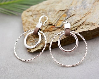 Large circle earrings, leather and silver dangle hoops earrings, Silver plated unusual earrings with hammered circles, statement earrings