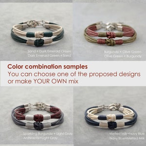 May include: A collage of images showing different color combinations of leather bracelets. The bracelets are made of two strands of leather, tied together with a knot. The colors shown include dusty rose, denim blue, orange, anthracite, sparkling gray, sand, dark emerald green, burgundy, olive green, sparkling burgundy, light gray, melted milk, navy blue, pink, and black. The text "Color combination samples" is displayed at the top of the collage. The text "You can choose one of the proposed designs or make YOUR OWN mix" is displayed below the collage. The text "You Own Mix = OTHER color option + comment" is displayed at the bottom of the collage.